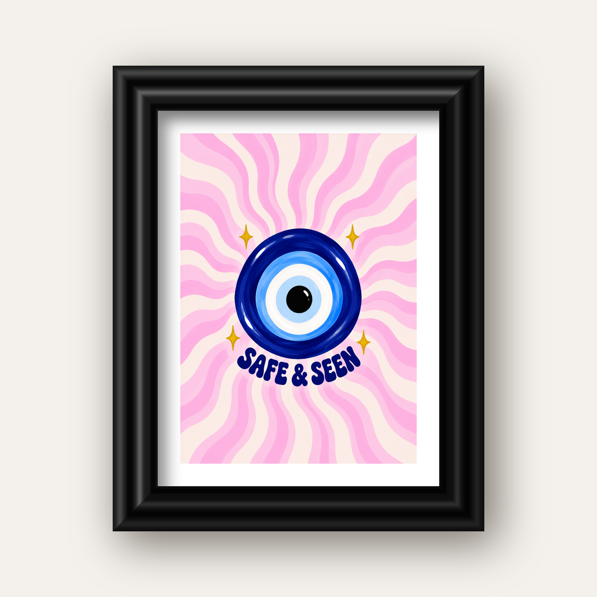 Safe & Seen Nazar Boncuğu Poster — siyah galeri çerçeveli paspartulu