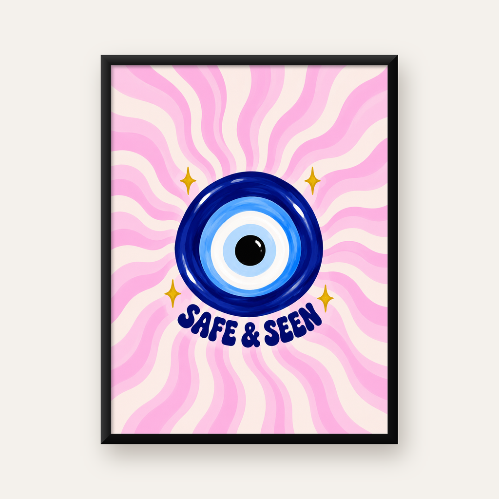 SAFE & SEEN Nazar Boncuğu Modern Renkli Poster — Dikey baskı, düz siyah çerçeveli duvar posteri