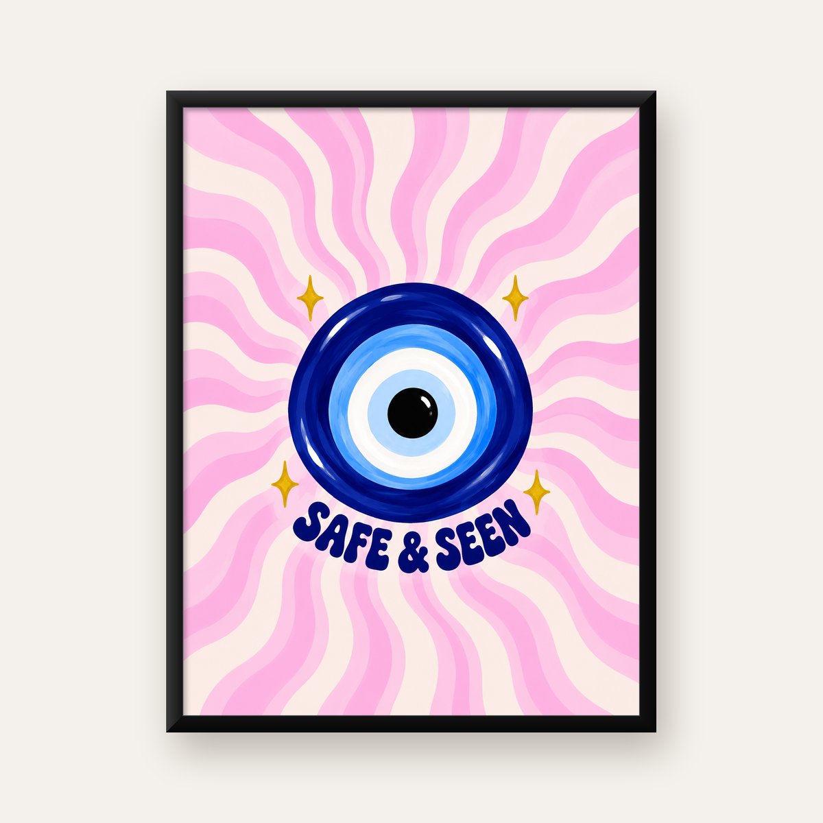 SAFE & SEEN Nazar Boncuğu Modern Renkli Poster — Dikey baskı, düz siyah çerçeveli duvar posteri