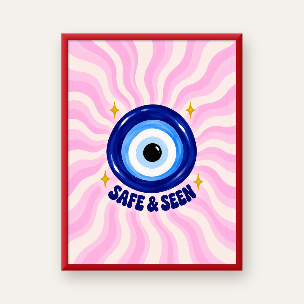 Safe & Seen Nazar Boncuğu Poster — kırmızı çerçeveli