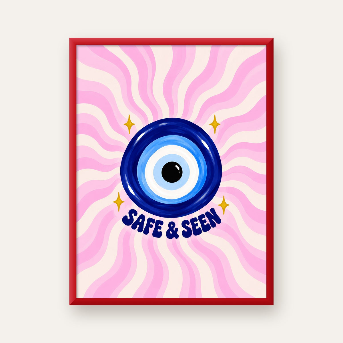 Safe & Seen Nazar Boncuğu Poster — kırmızı çerçeveli