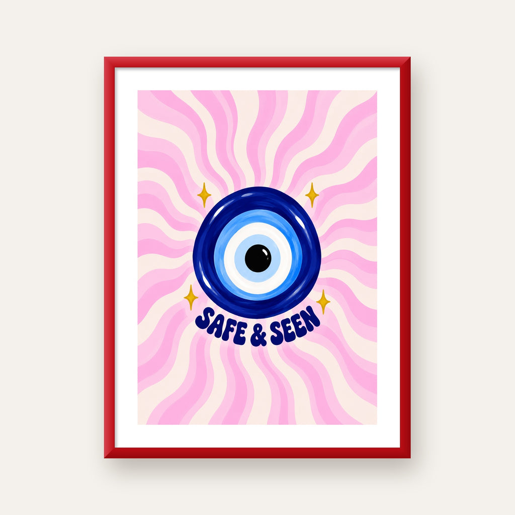 Safe & Seen Nazar Boncuğu Poster — kırmızı çerçeveli paspartulu