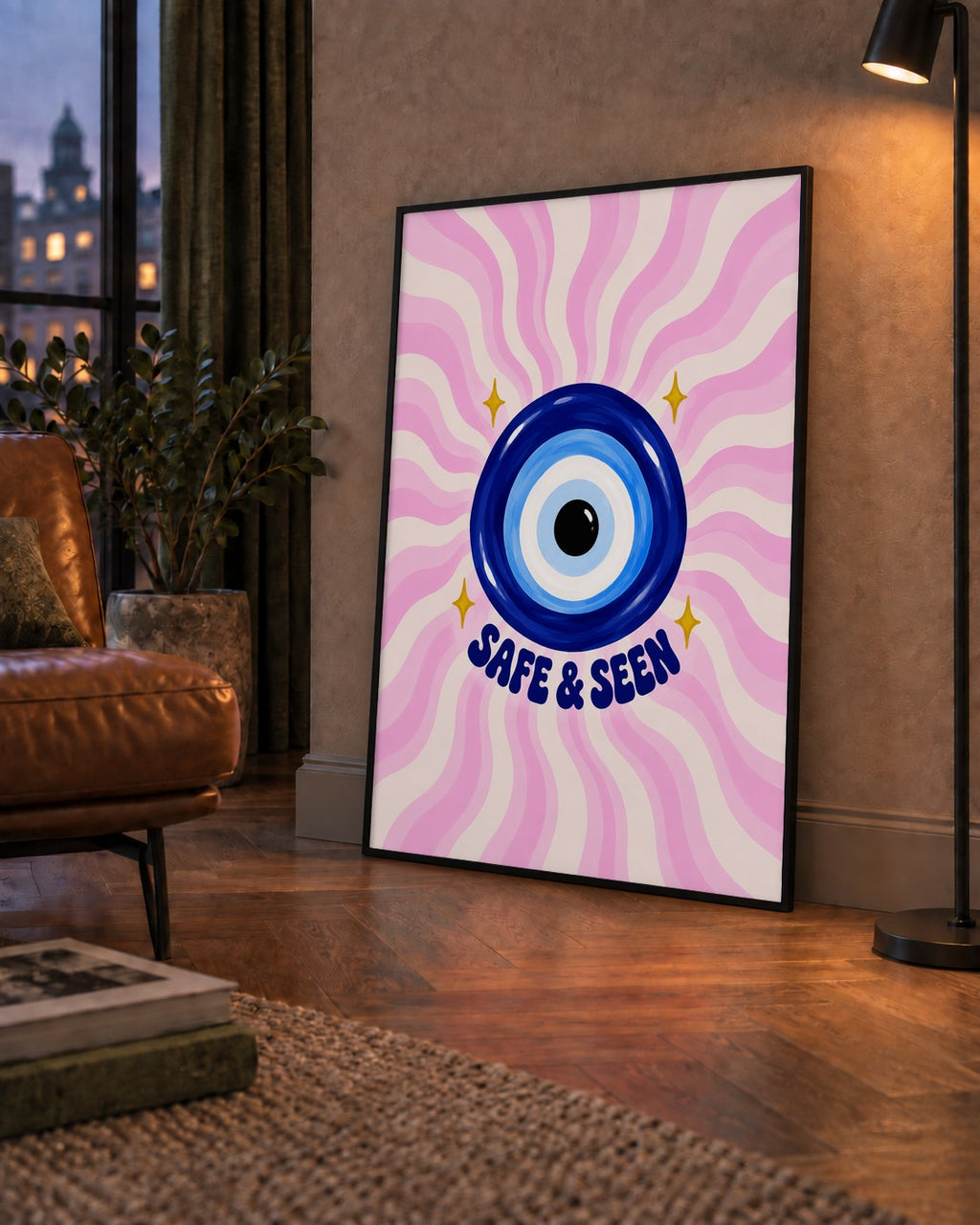 Safe & Seen Nazar Boncuğu Poster — çerçeveli hâliyle bir ev duvarında