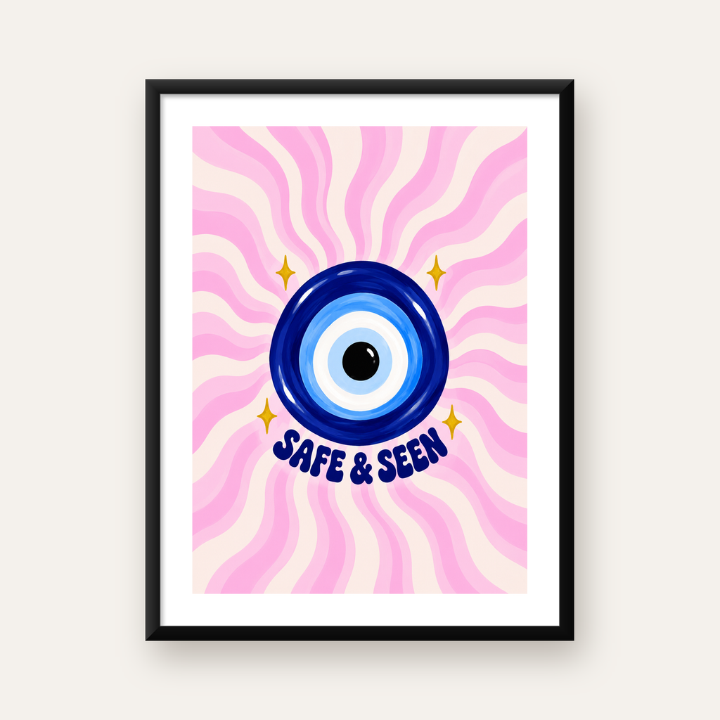 SAFE & SEEN Nazar Boncuğu Modern Renkli Poster — Dikey baskı, beyaz kenar boşluklu