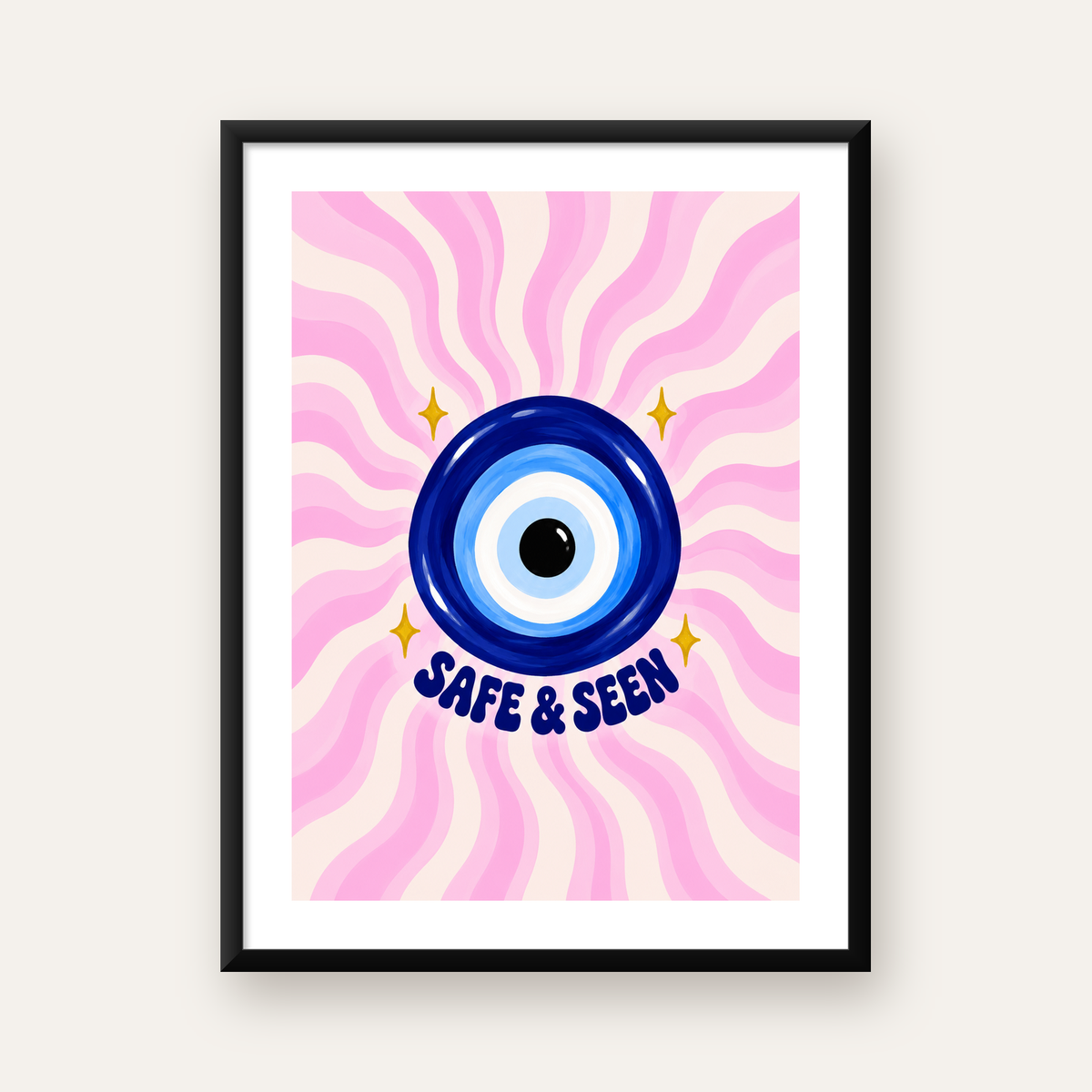 SAFE & SEEN Nazar Boncuğu Modern Renkli Poster — Dikey baskı, beyaz kenar boşluklu