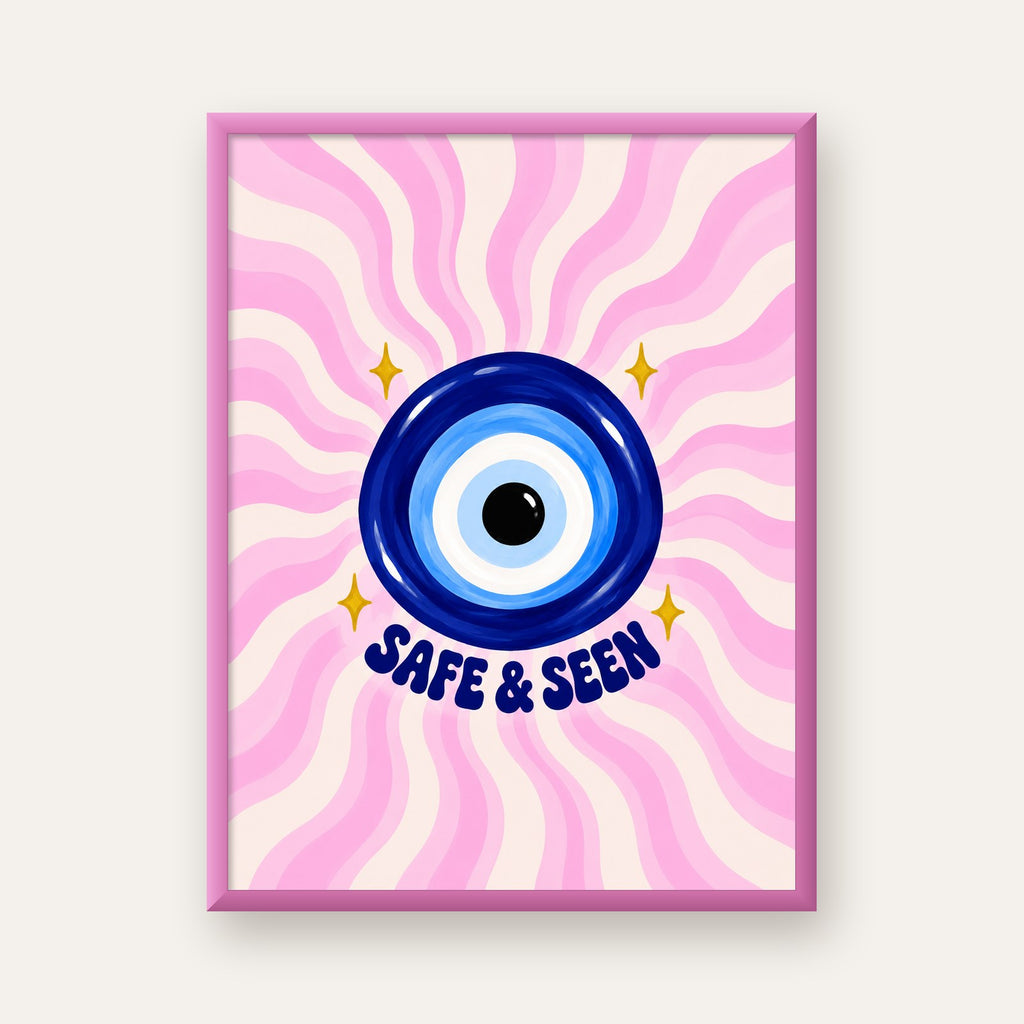 Safe & Seen Nazar Boncuğu Poster — pembe çerçeveli