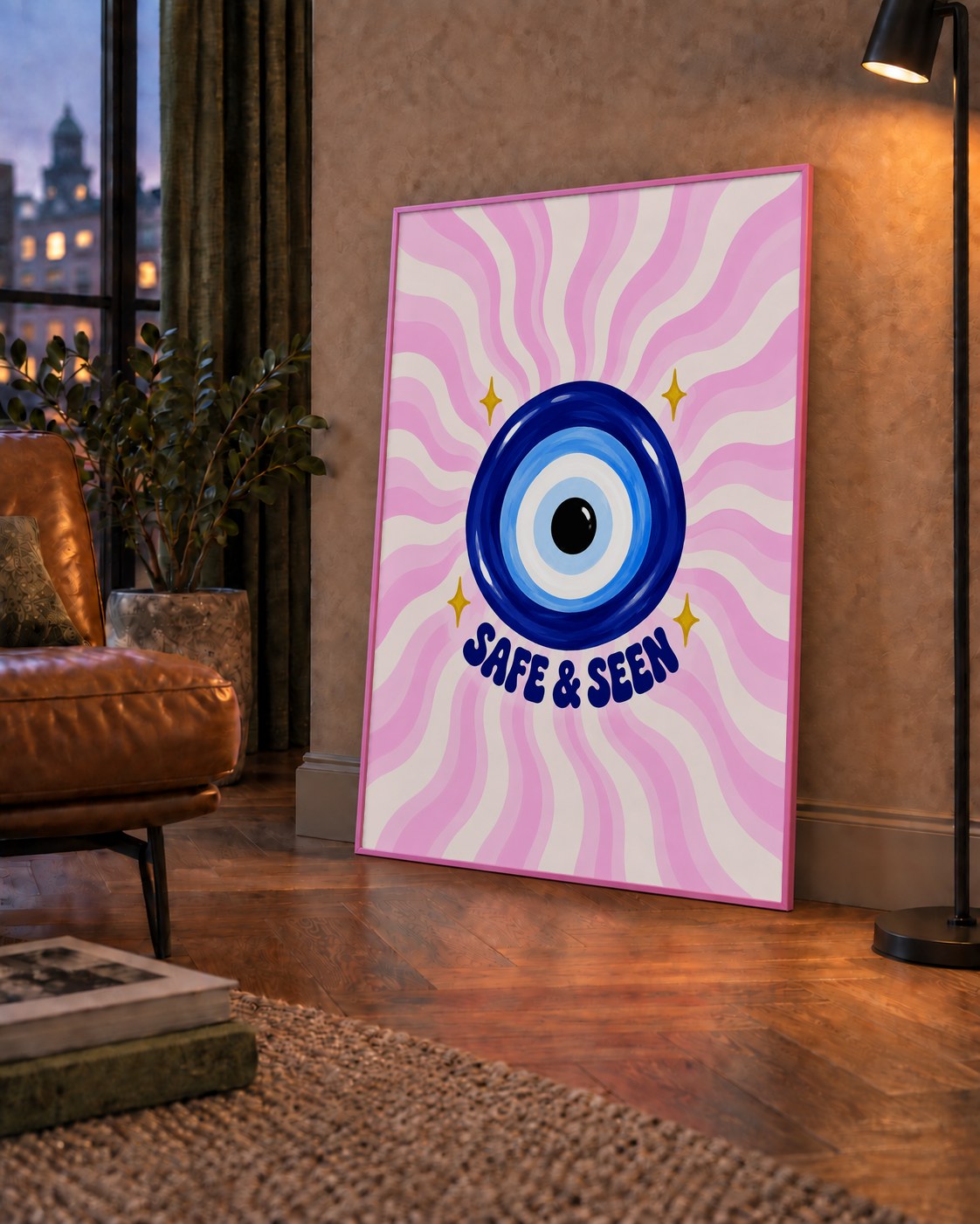 Safe & Seen Nazar Boncuğu Poster — çerçeveli hâliyle bir ev duvarında