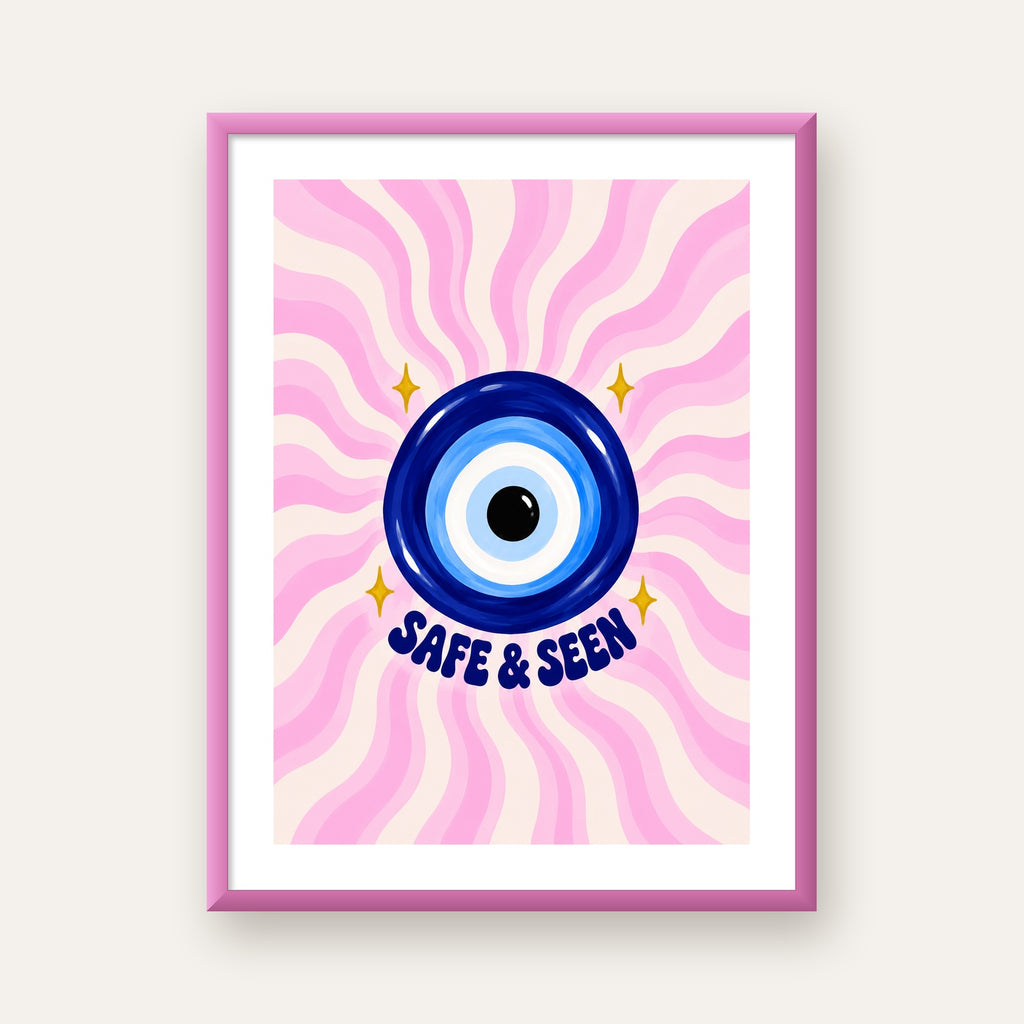 Safe & Seen Nazar Boncuğu Poster — pembe çerçeveli paspartulu