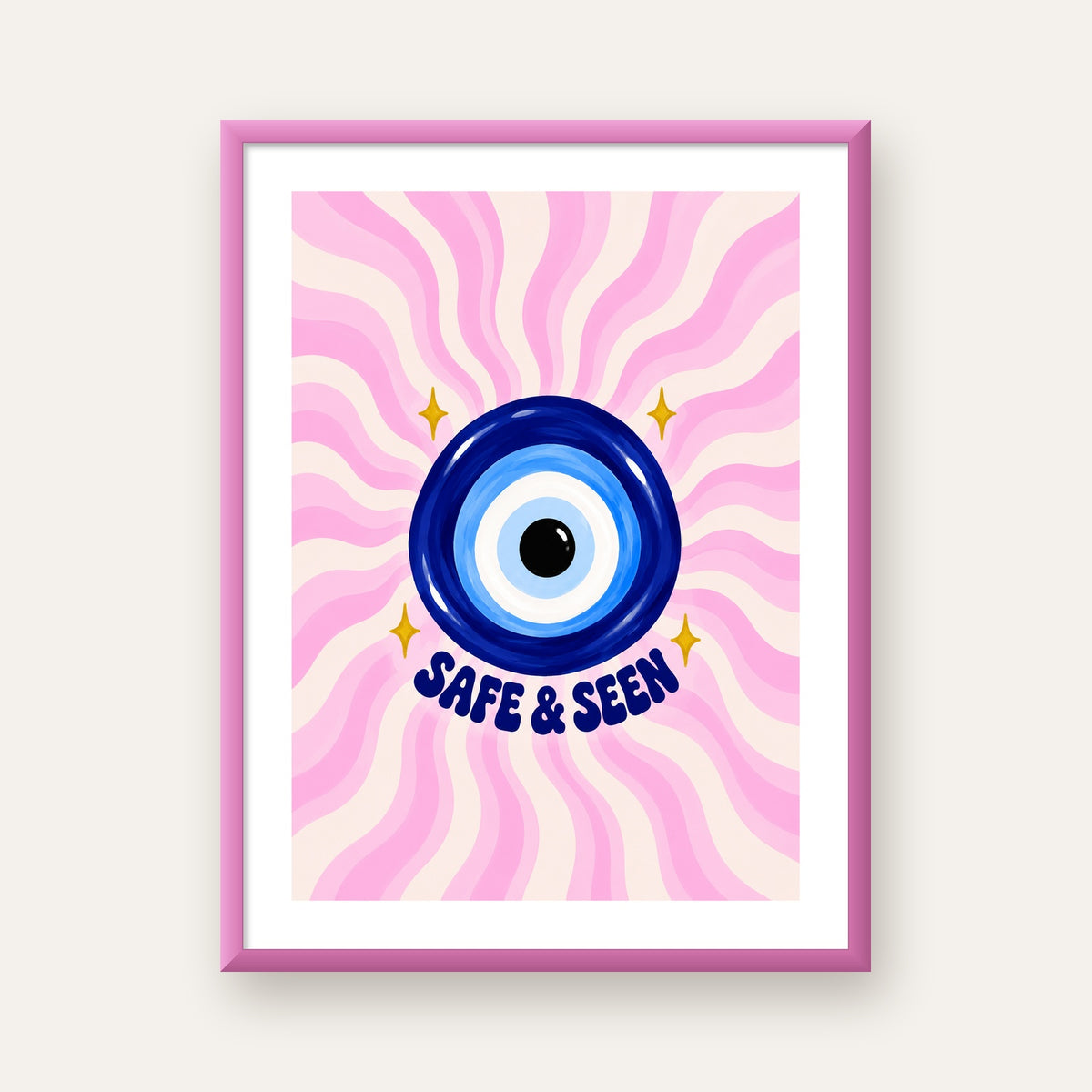 Safe & Seen Nazar Boncuğu Poster — pembe çerçeveli paspartulu