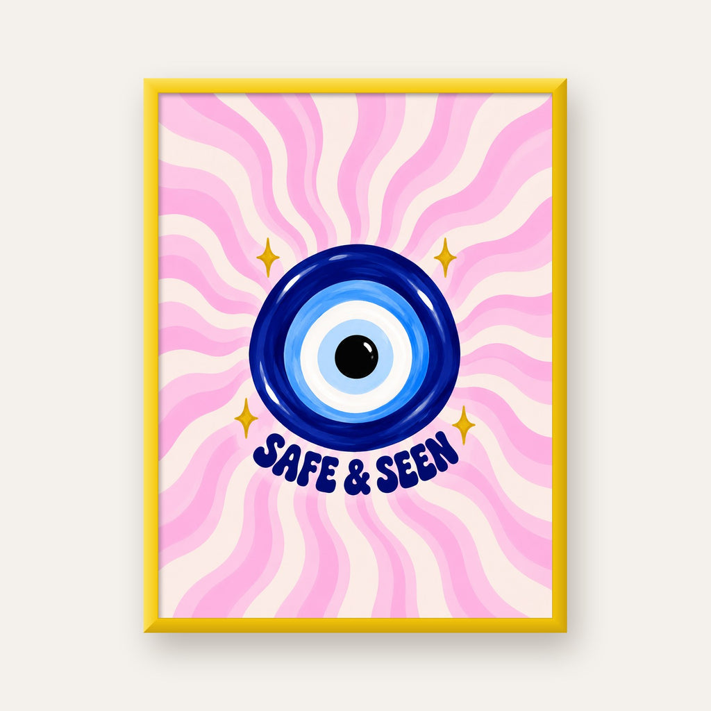 Safe & Seen Nazar Boncuğu Poster — sarı çerçeveli