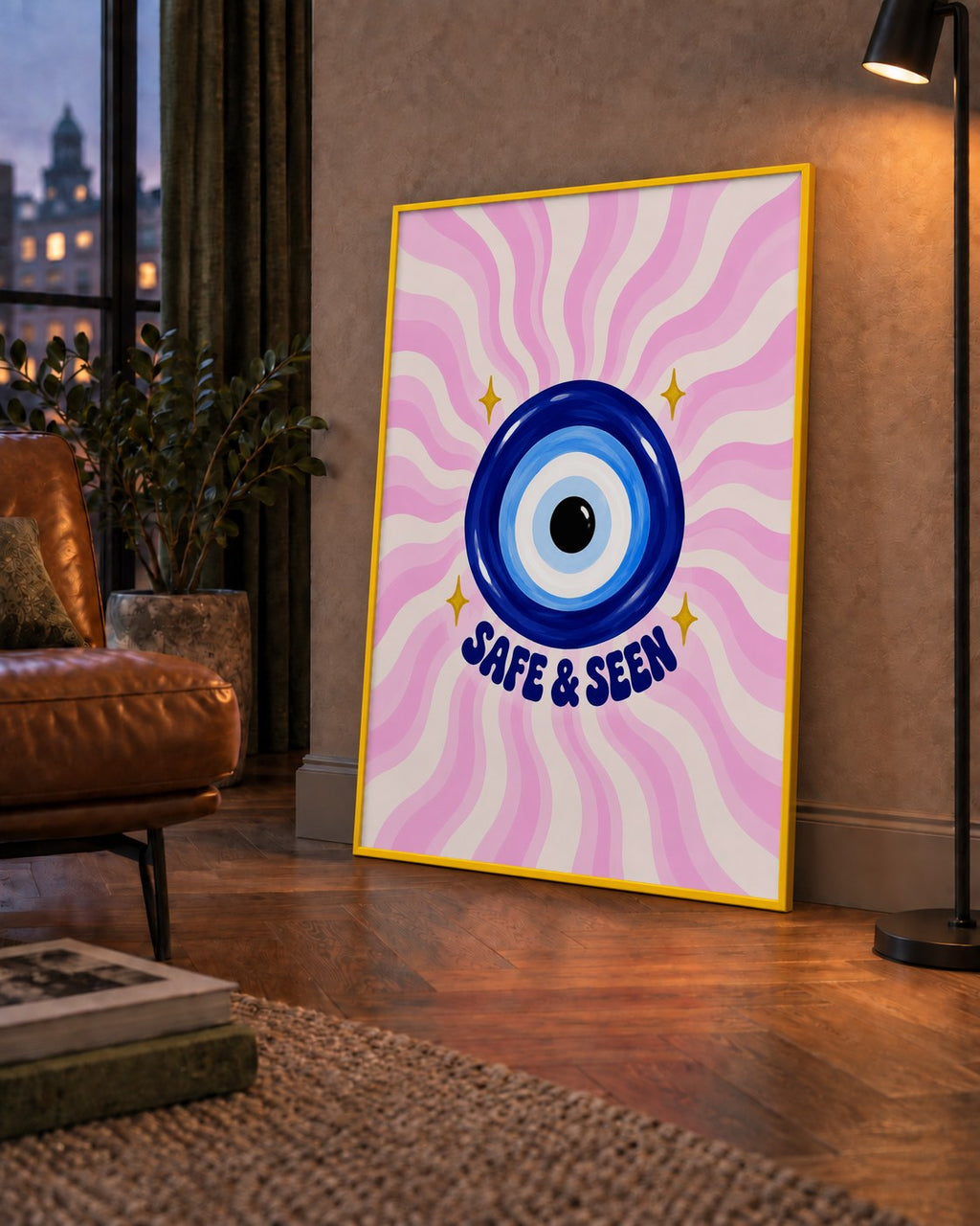 Safe & Seen Nazar Boncuğu Poster — çerçeveli hâliyle bir ev duvarında