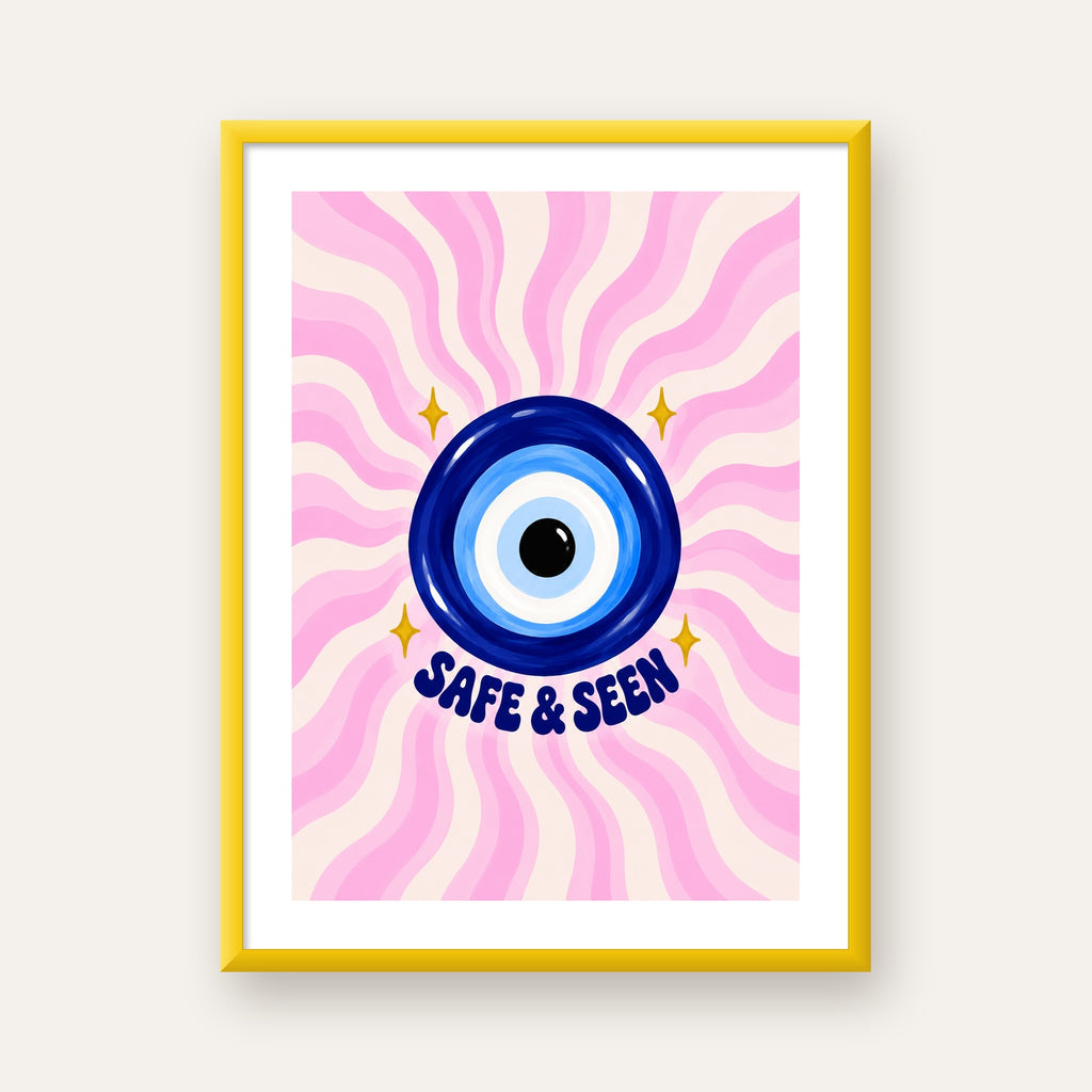 Safe & Seen Nazar Boncuğu Poster — sarı çerçeveli paspartulu