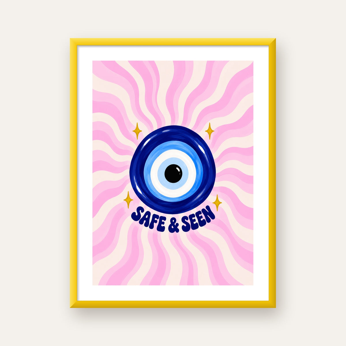 Safe & Seen Nazar Boncuğu Poster — sarı çerçeveli paspartulu
