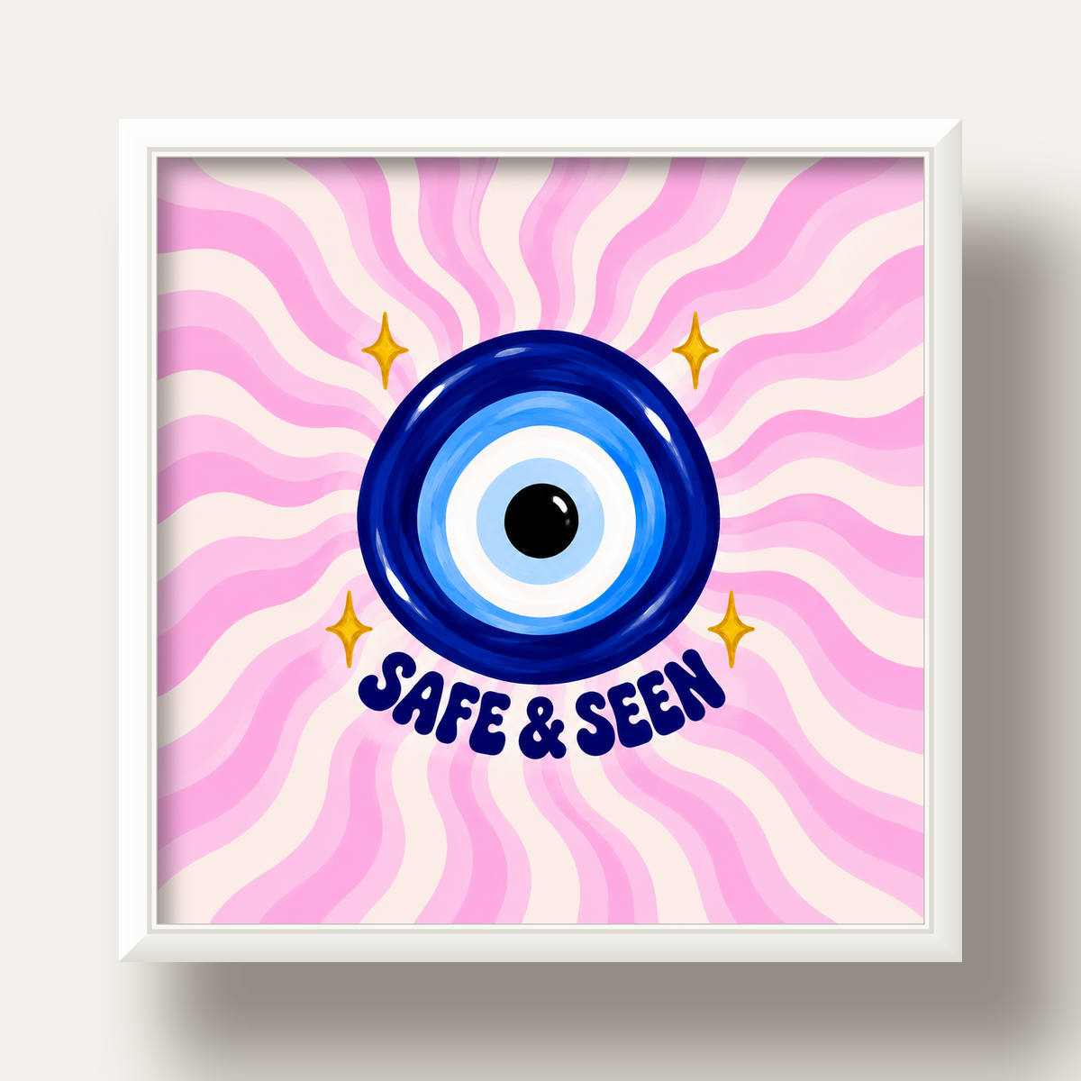 Safe & Seen Nazar Boncuğu Poster — beyaz derin çerçeveli