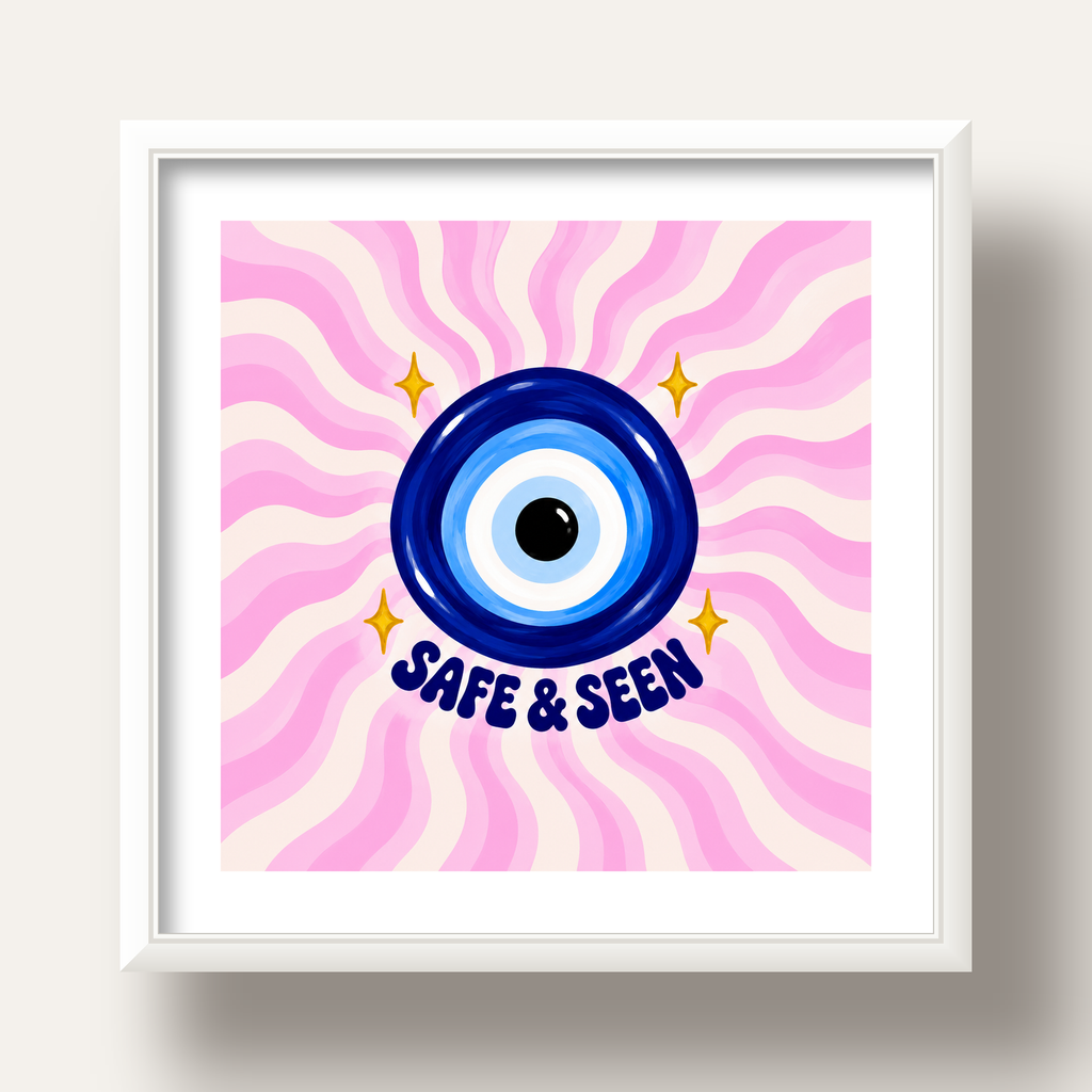 Safe & Seen Nazar Boncuğu Poster — beyaz derin çerçeveli paspartulu