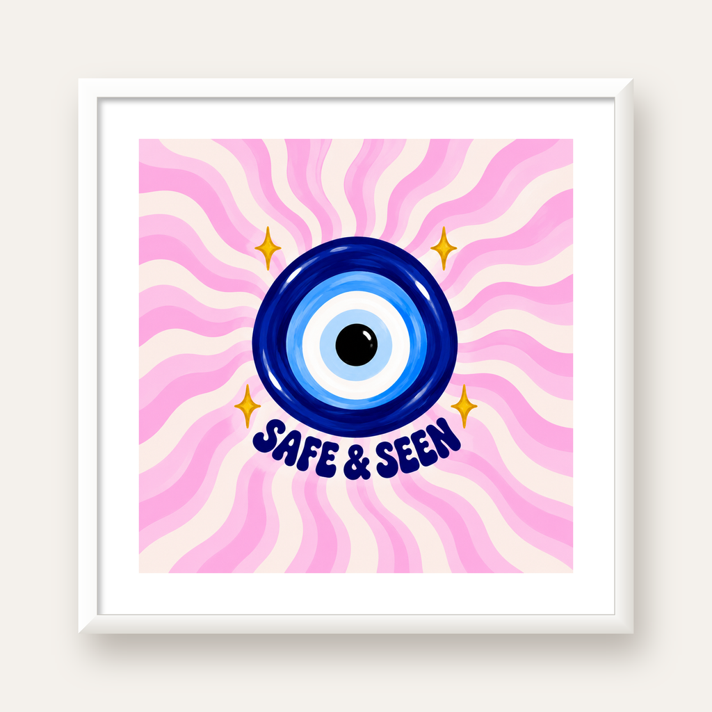 Safe & Seen Nazar Boncuğu Poster — beyaz çerçeveli kare poster