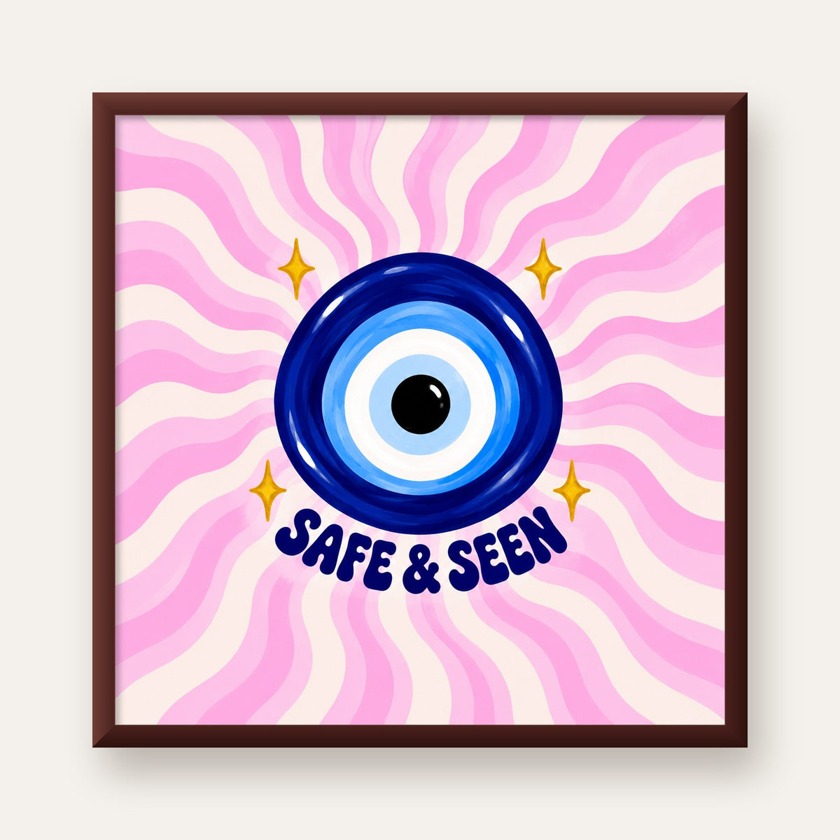 Safe & Seen Nazar Boncuğu Poster — ceviz çerçeveli