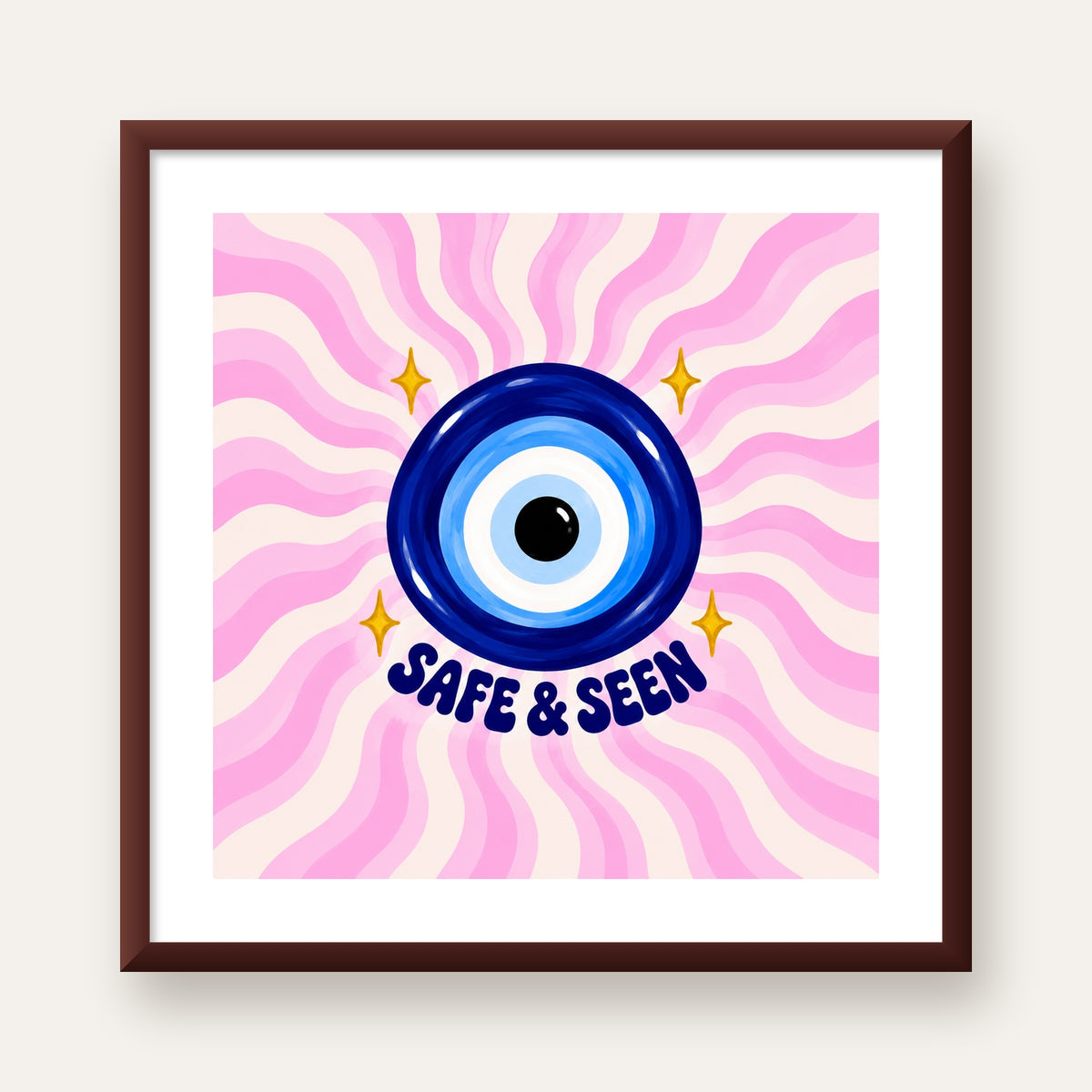 Safe & Seen Nazar Boncuğu Poster — ceviz çerçeveli paspartulu