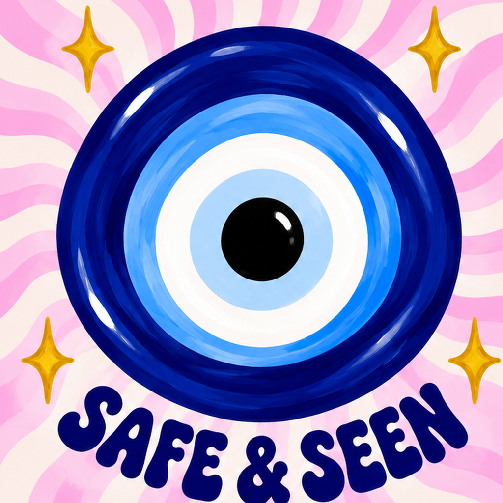 SAFE & SEEN Nazar Boncuğu Modern Renkli Poster — baskının yakın çekimi, kâğıt dokusu ve renk detayı