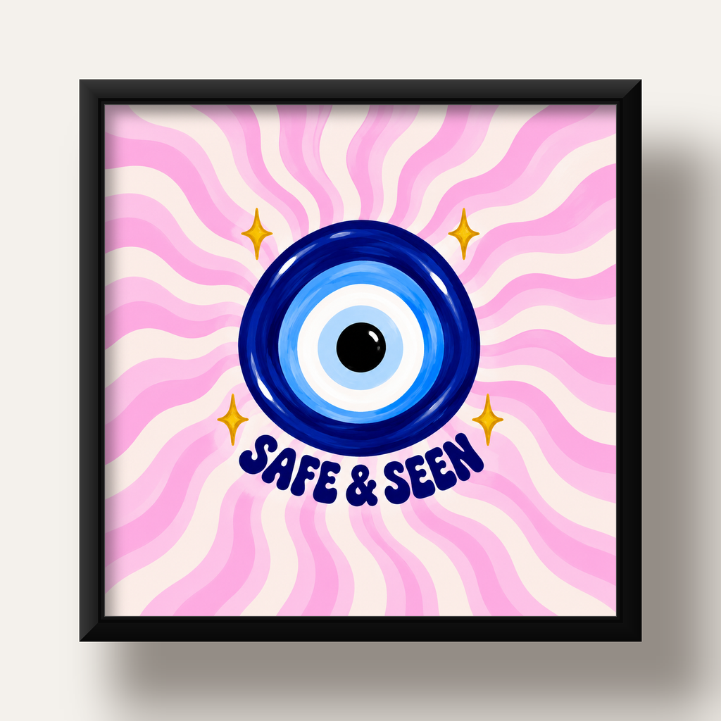 Safe & Seen Nazar Boncuğu Poster — siyah derin çerçeveli