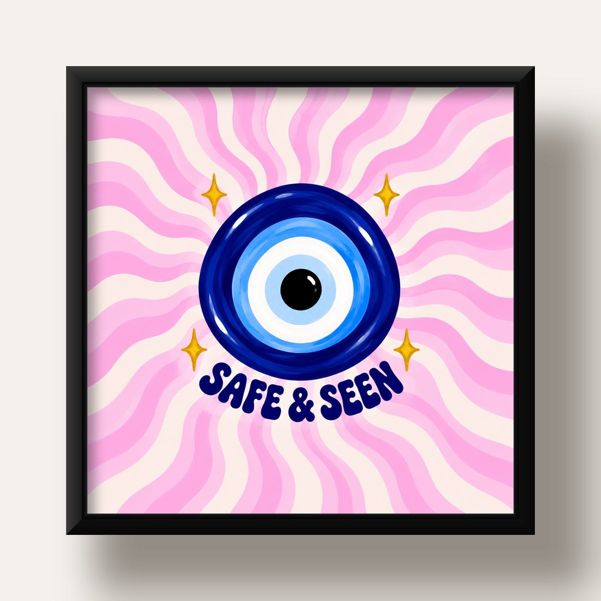 Safe & Seen Nazar Boncuğu Poster — siyah derin çerçeveli