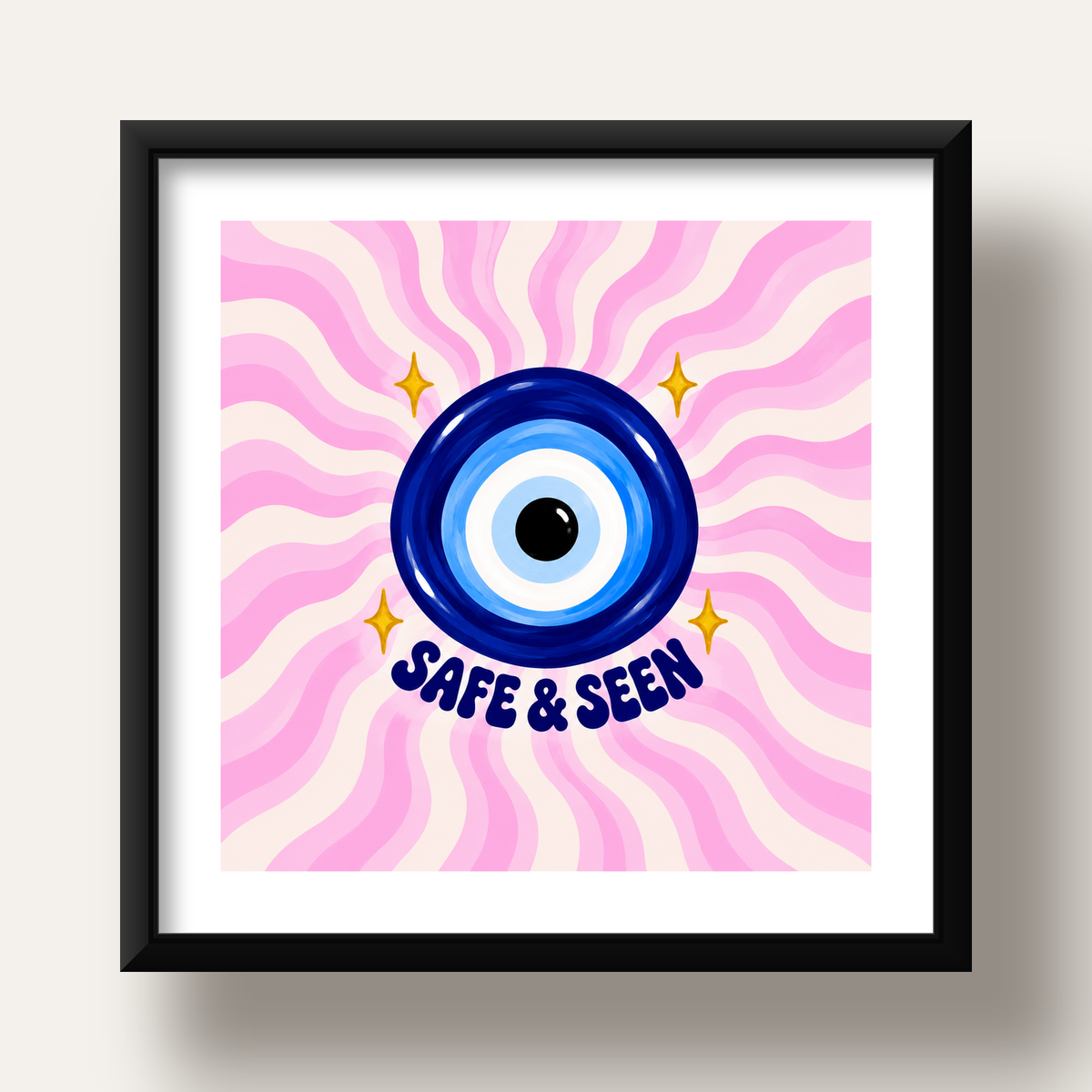 Safe & Seen Nazar Boncuğu Poster — siyah derin çerçeveli paspartulu