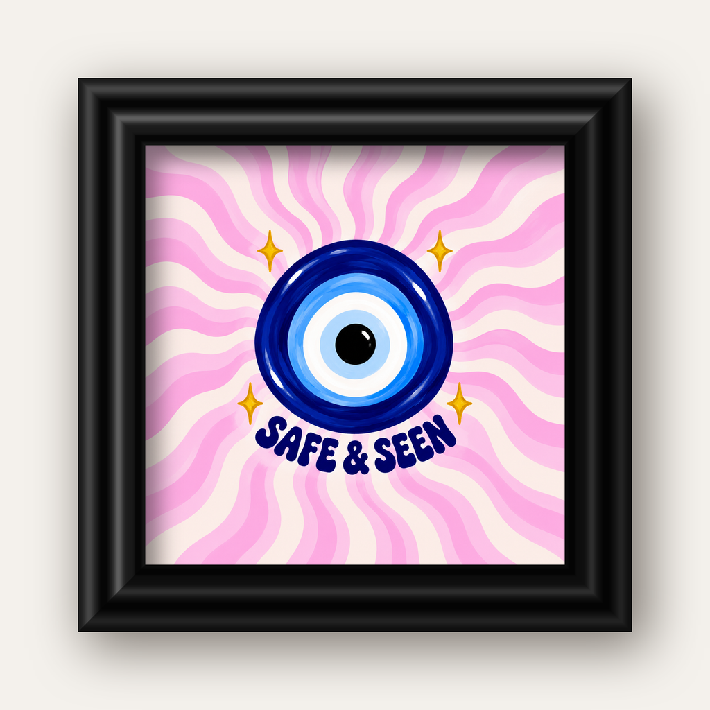Safe & Seen Nazar Boncuğu Poster — siyah galeri çerçeveli