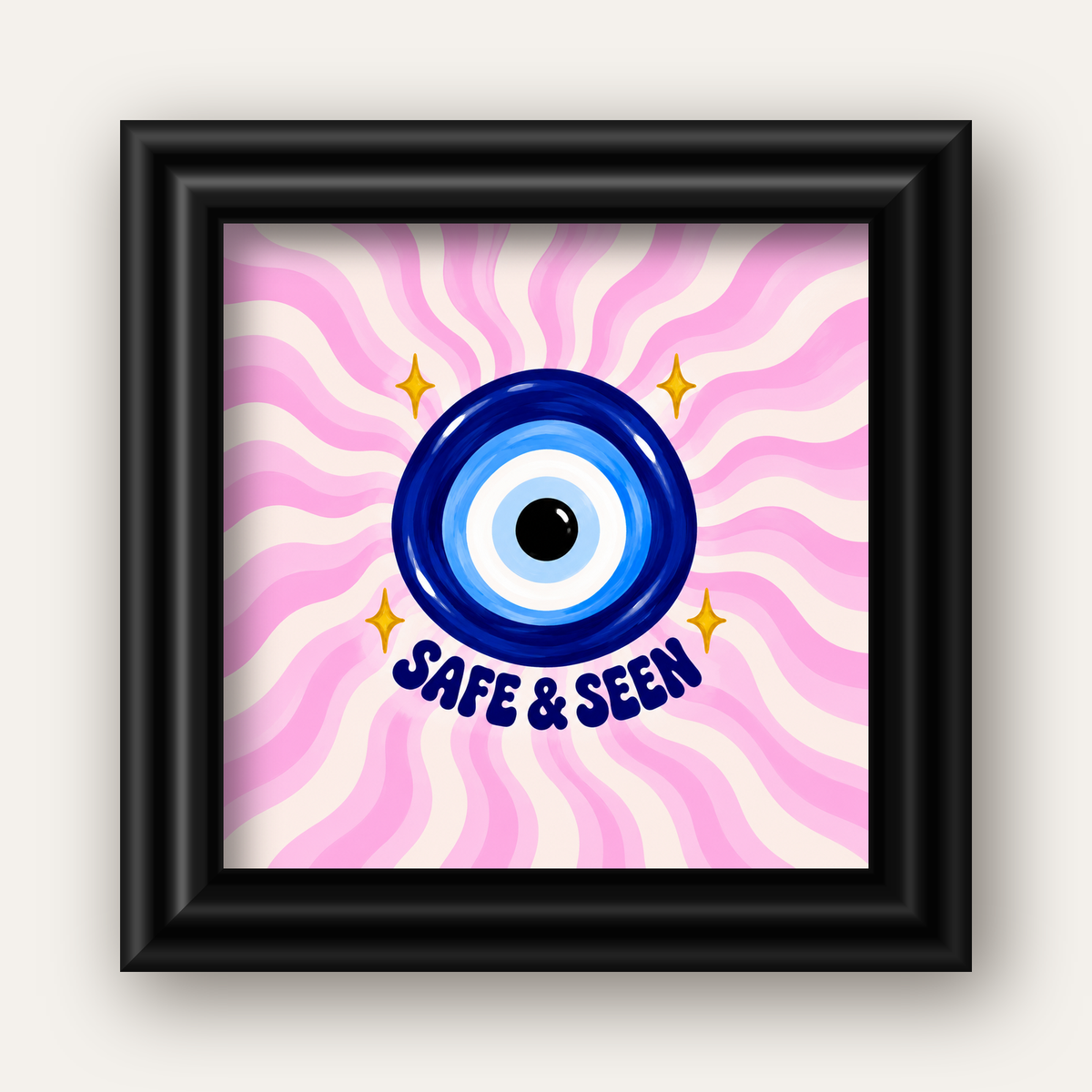 Safe & Seen Nazar Boncuğu Poster — siyah galeri çerçeveli