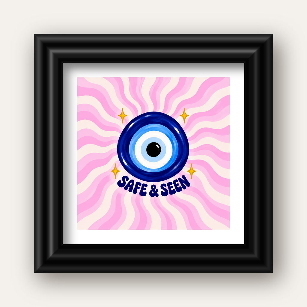 Safe & Seen Nazar Boncuğu Poster — siyah galeri çerçeveli paspartulu