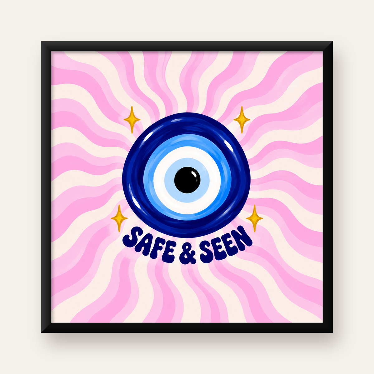 SAFE & SEEN Nazar Boncuğu Modern Renkli Poster — Kare baskı, düz siyah çerçeveli duvar posteri