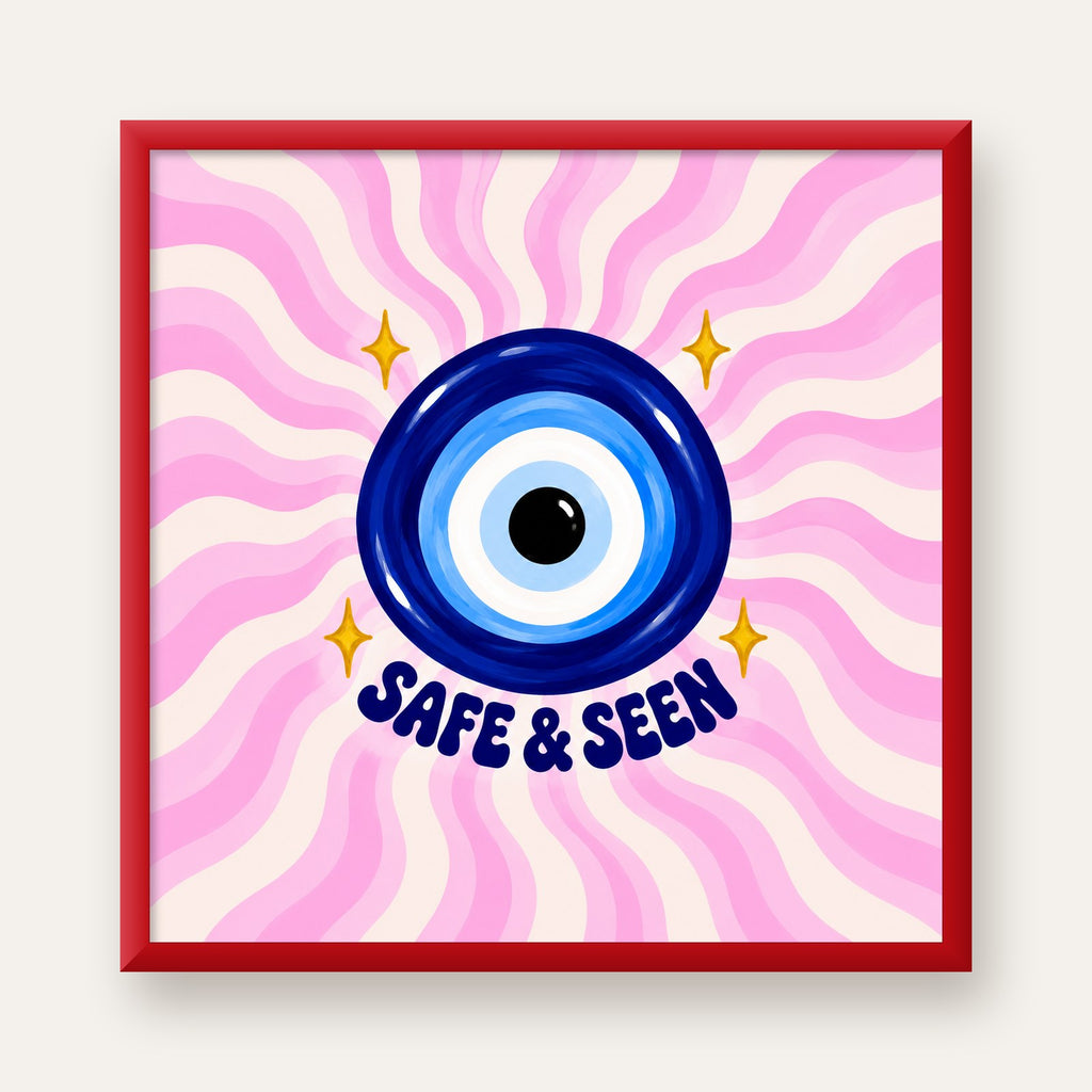 Safe & Seen Nazar Boncuğu Poster — kırmızı çerçeveli