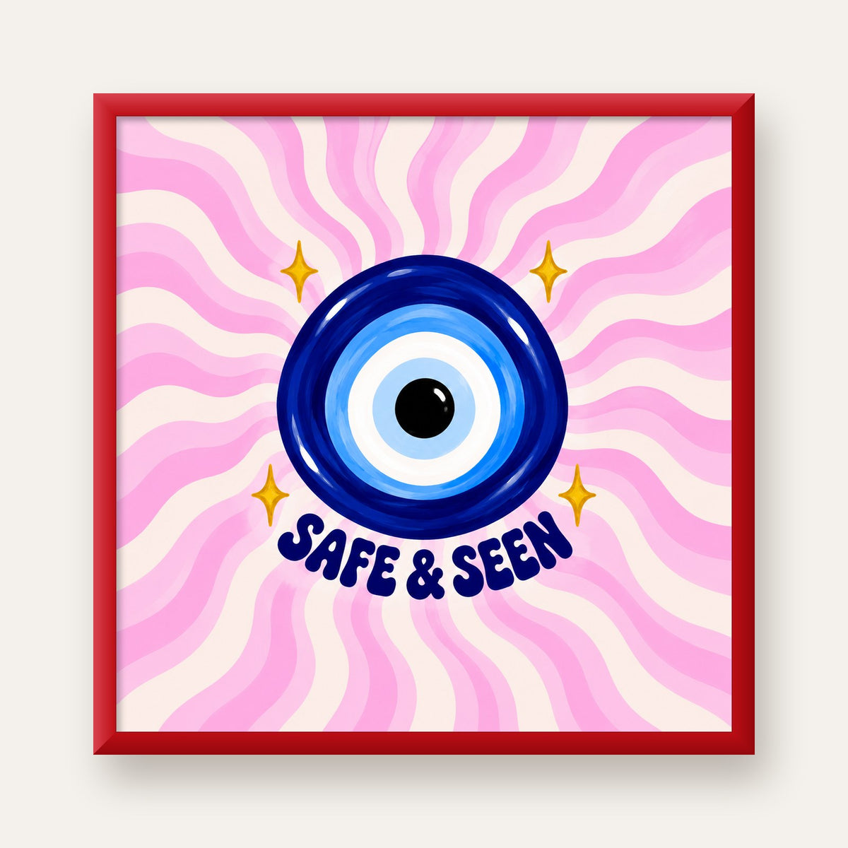 Safe & Seen Nazar Boncuğu Poster — kırmızı çerçeveli