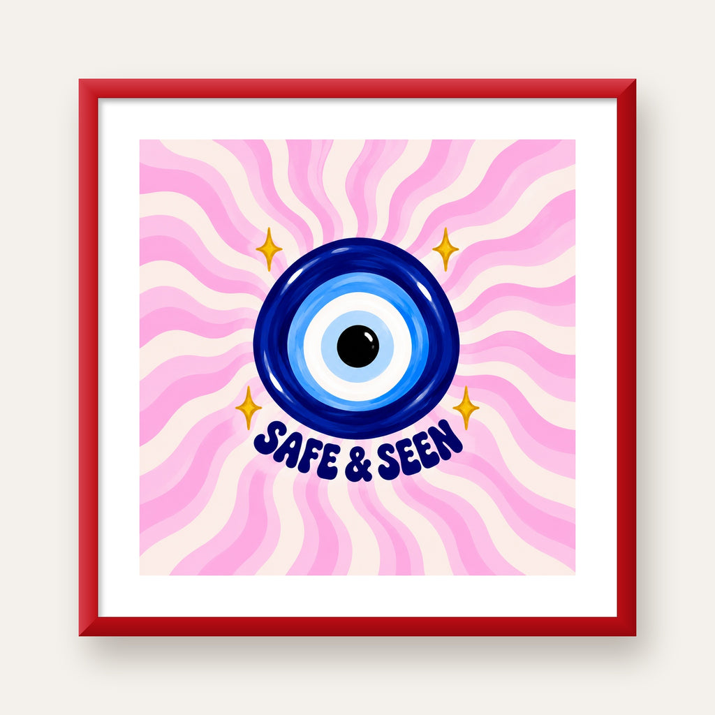 Safe & Seen Nazar Boncuğu Poster — kırmızı çerçeveli paspartulu