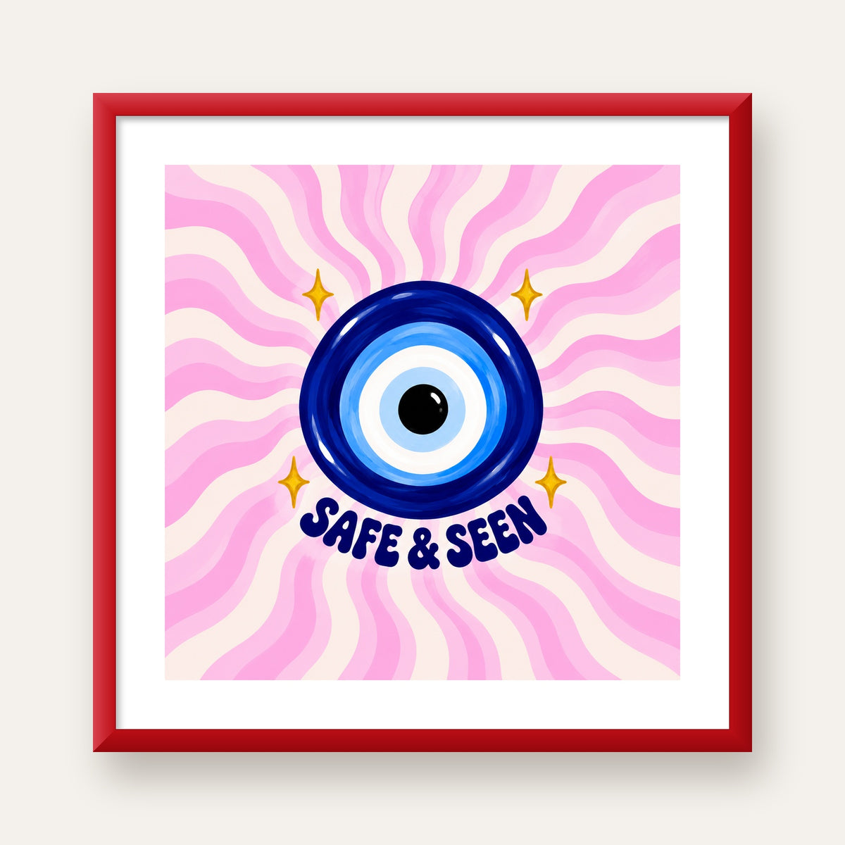 Safe & Seen Nazar Boncuğu Poster — kırmızı çerçeveli paspartulu