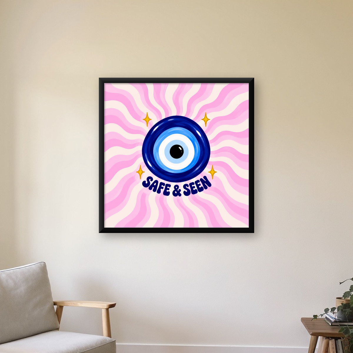 SAFE & SEEN Nazar Boncuğu Modern Renkli Poster — Kare baskı, çerçeveli hâliyle bir ev duvarında
