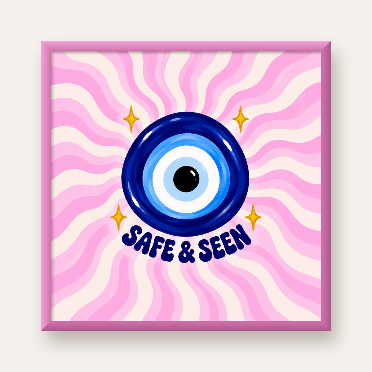 Safe & Seen Nazar Boncuğu Poster — pembe çerçeveli