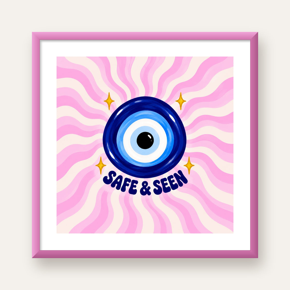 Safe & Seen Nazar Boncuğu Poster — pembe çerçeveli paspartulu