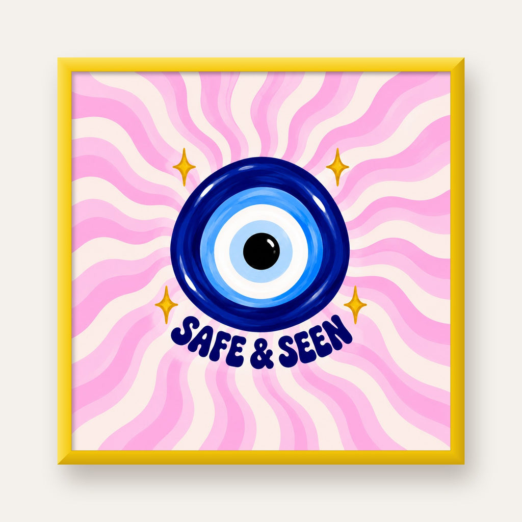Safe & Seen Nazar Boncuğu Poster — sarı çerçeveli