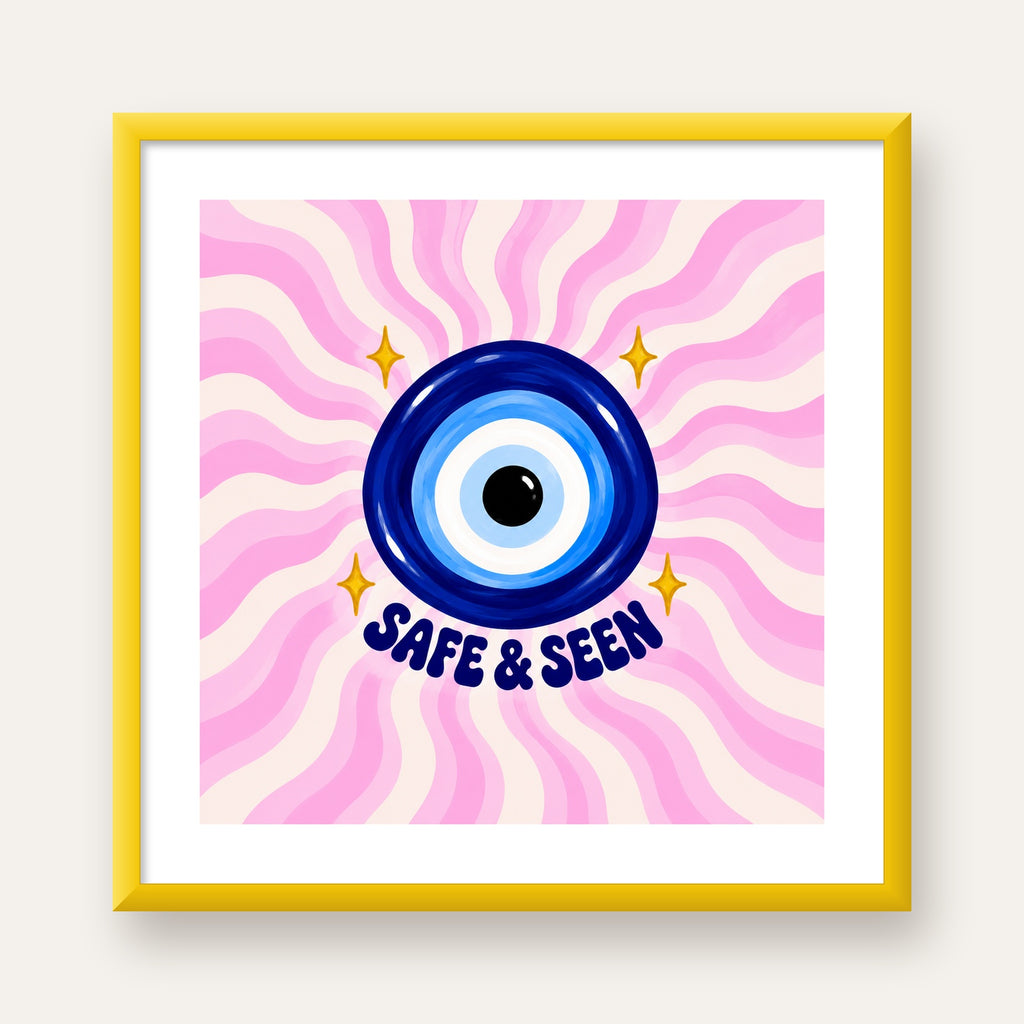 Safe & Seen Nazar Boncuğu Poster — sarı çerçeveli paspartulu