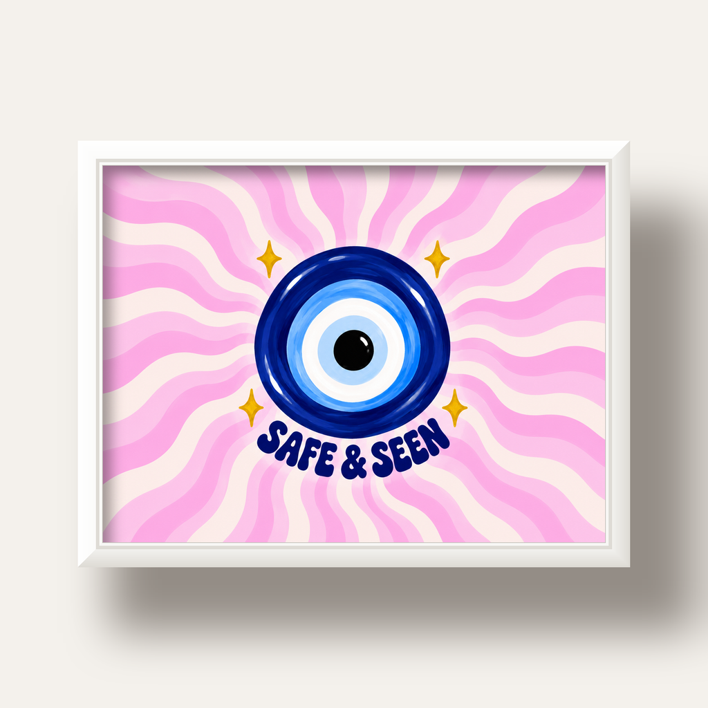 Safe & Seen Nazar Boncuğu Poster — beyaz derin çerçeveli