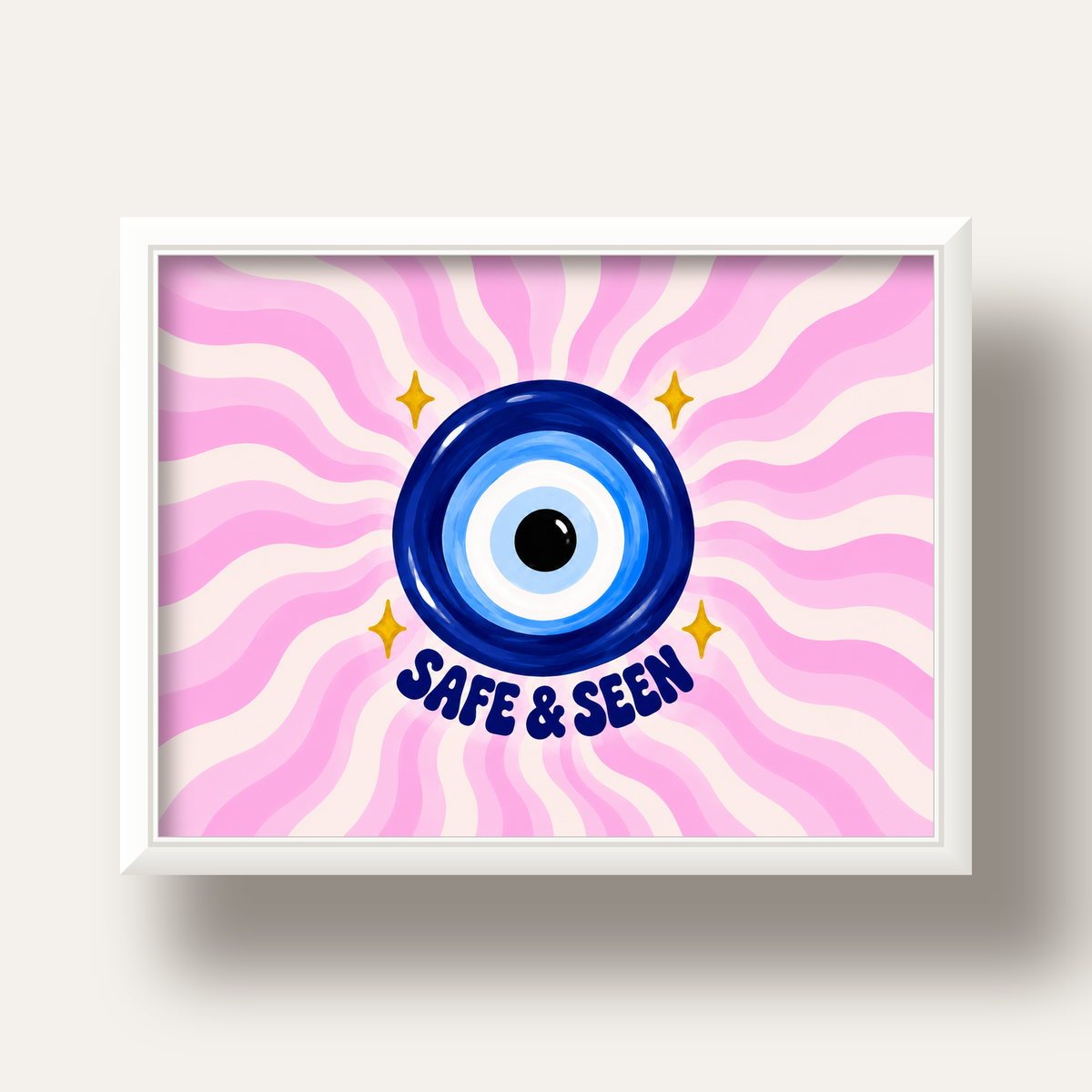 Safe & Seen Nazar Boncuğu Poster — beyaz derin çerçeveli