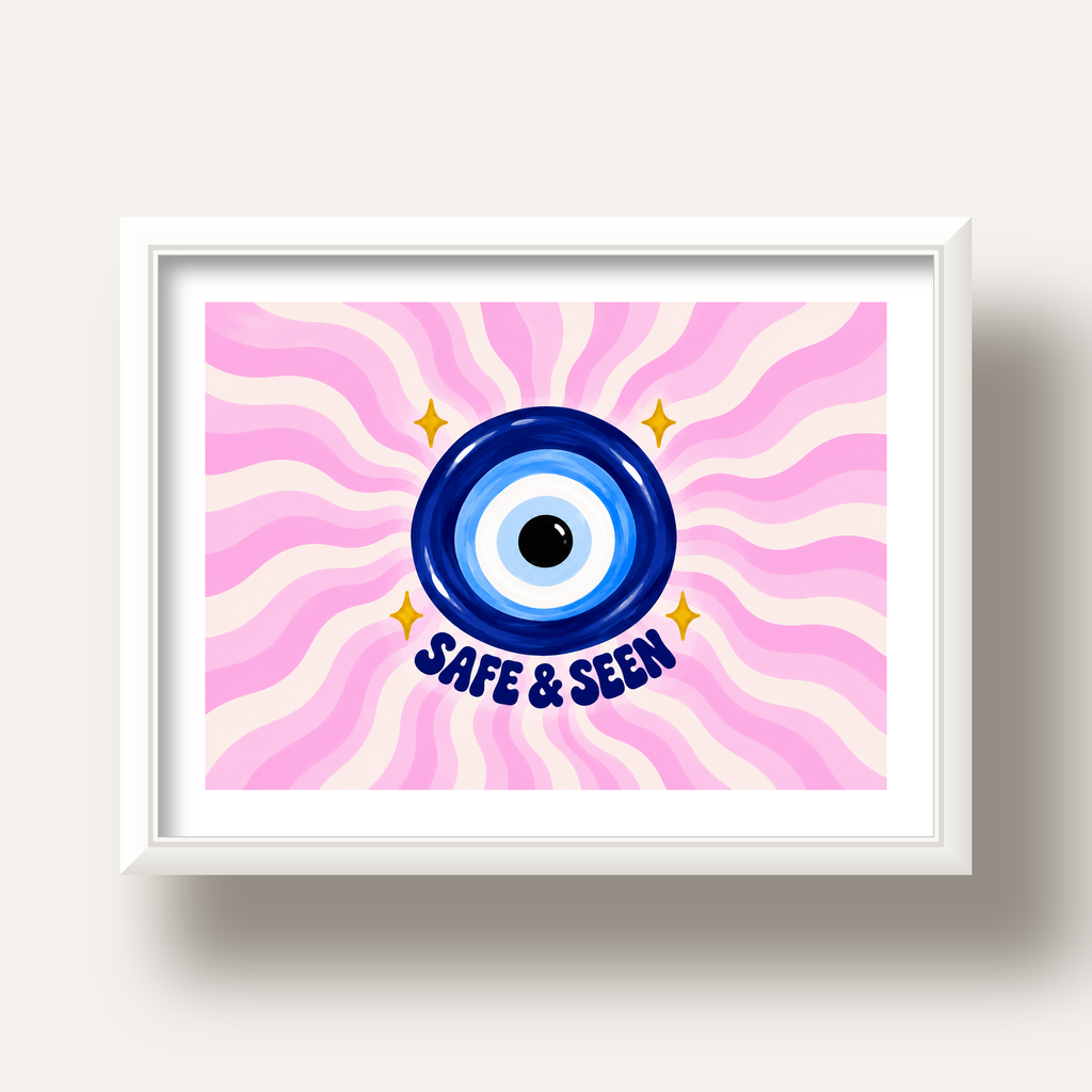 Safe & Seen Nazar Boncuğu Poster — beyaz derin çerçeveli paspartulu