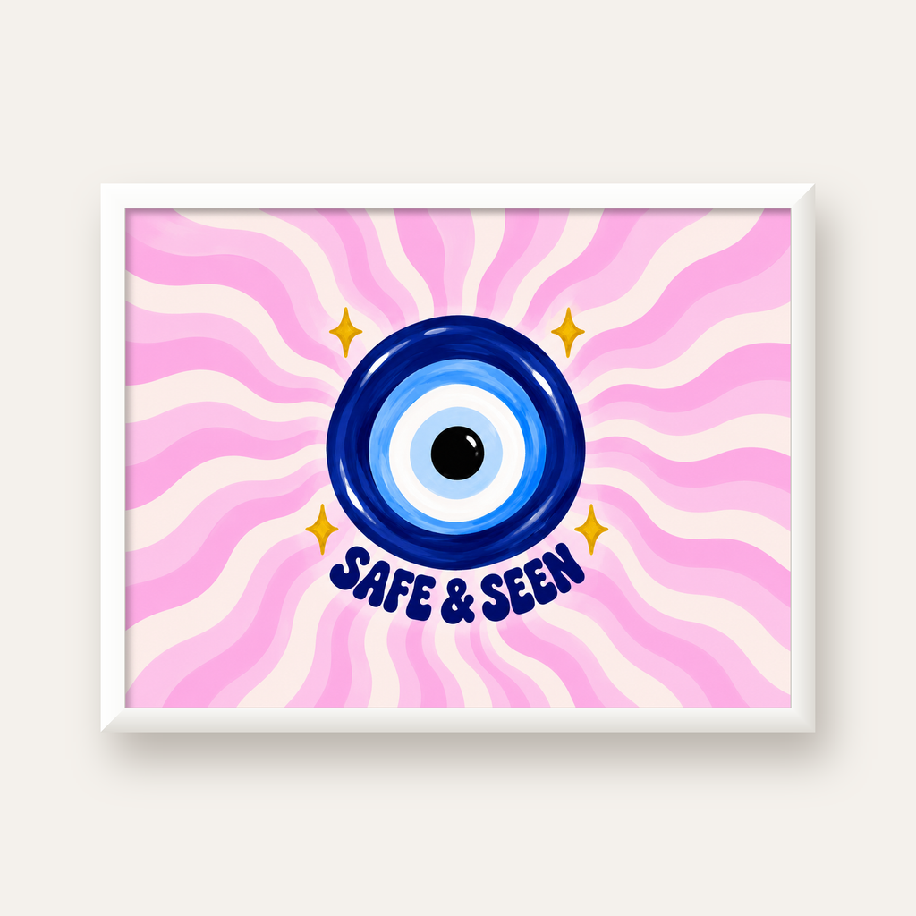 Safe & Seen Nazar Boncuğu Poster — beyaz çerçeveli yatay poster