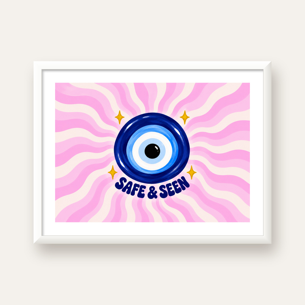 Safe & Seen Nazar Boncuğu Poster — beyaz çerçeveli yatay poster