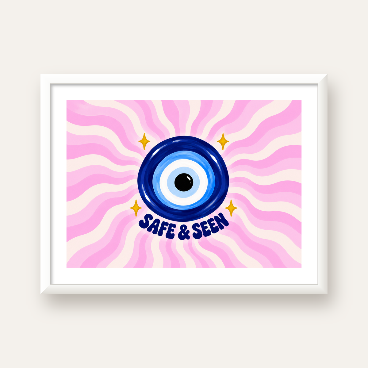 Safe & Seen Nazar Boncuğu Poster — beyaz çerçeveli yatay poster