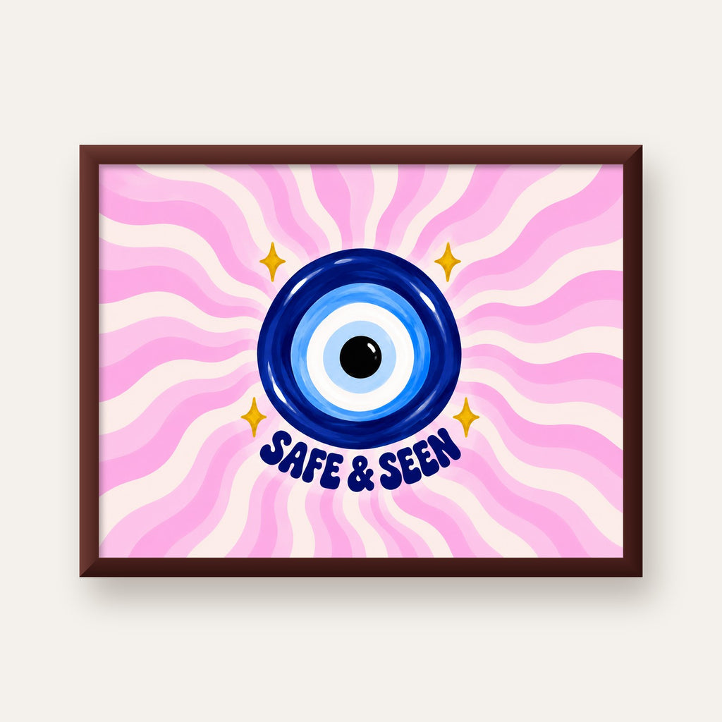 Safe & Seen Nazar Boncuğu Poster — ceviz çerçeveli