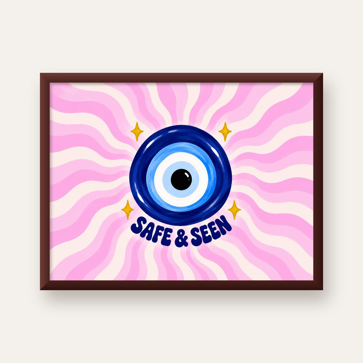 Safe & Seen Nazar Boncuğu Poster — ceviz çerçeveli