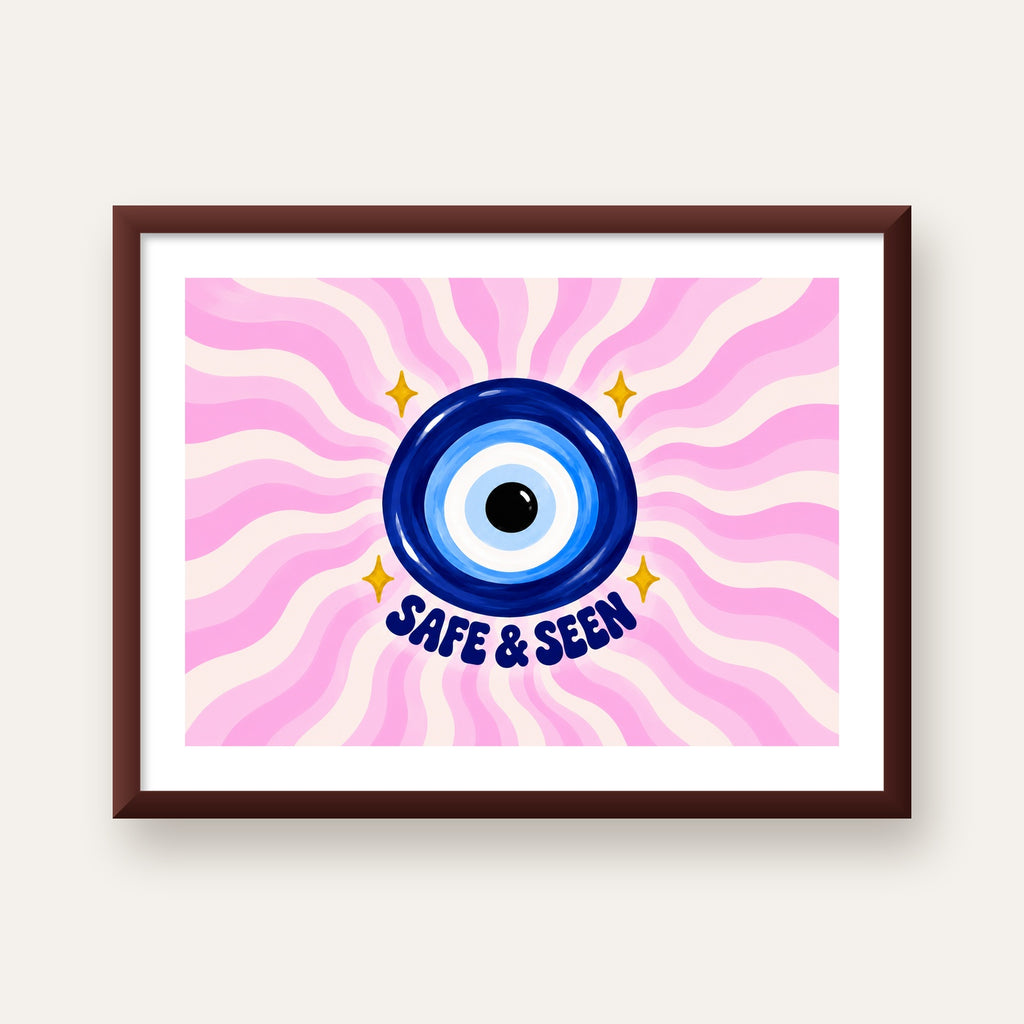 Safe & Seen Nazar Boncuğu Poster — ceviz çerçeveli paspartulu
