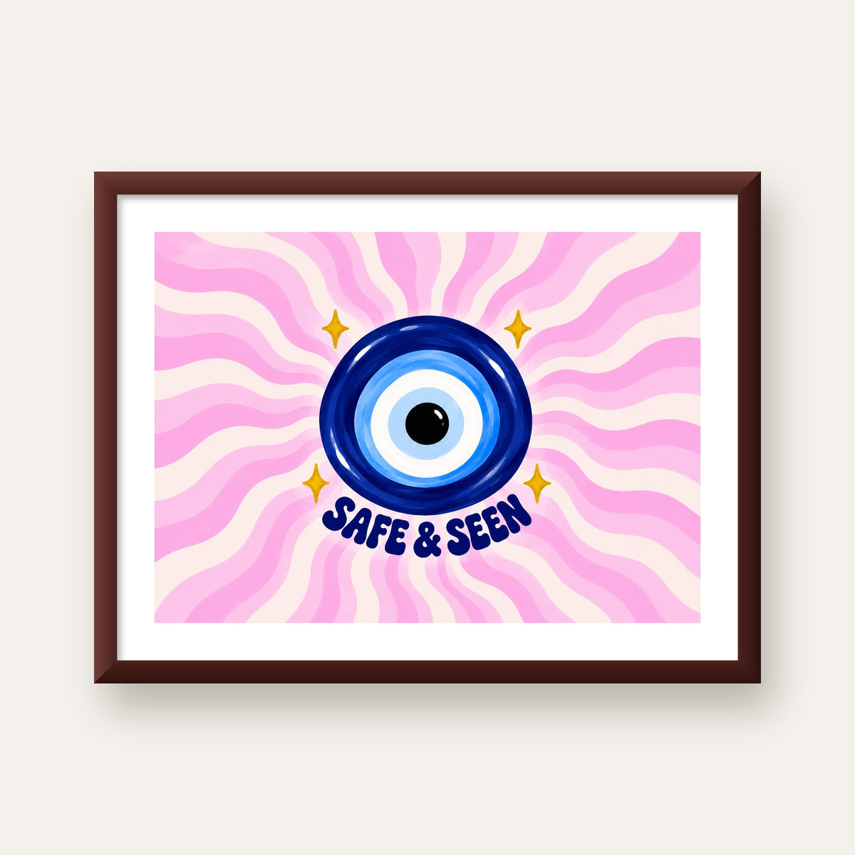 Safe & Seen Nazar Boncuğu Poster — ceviz çerçeveli paspartulu