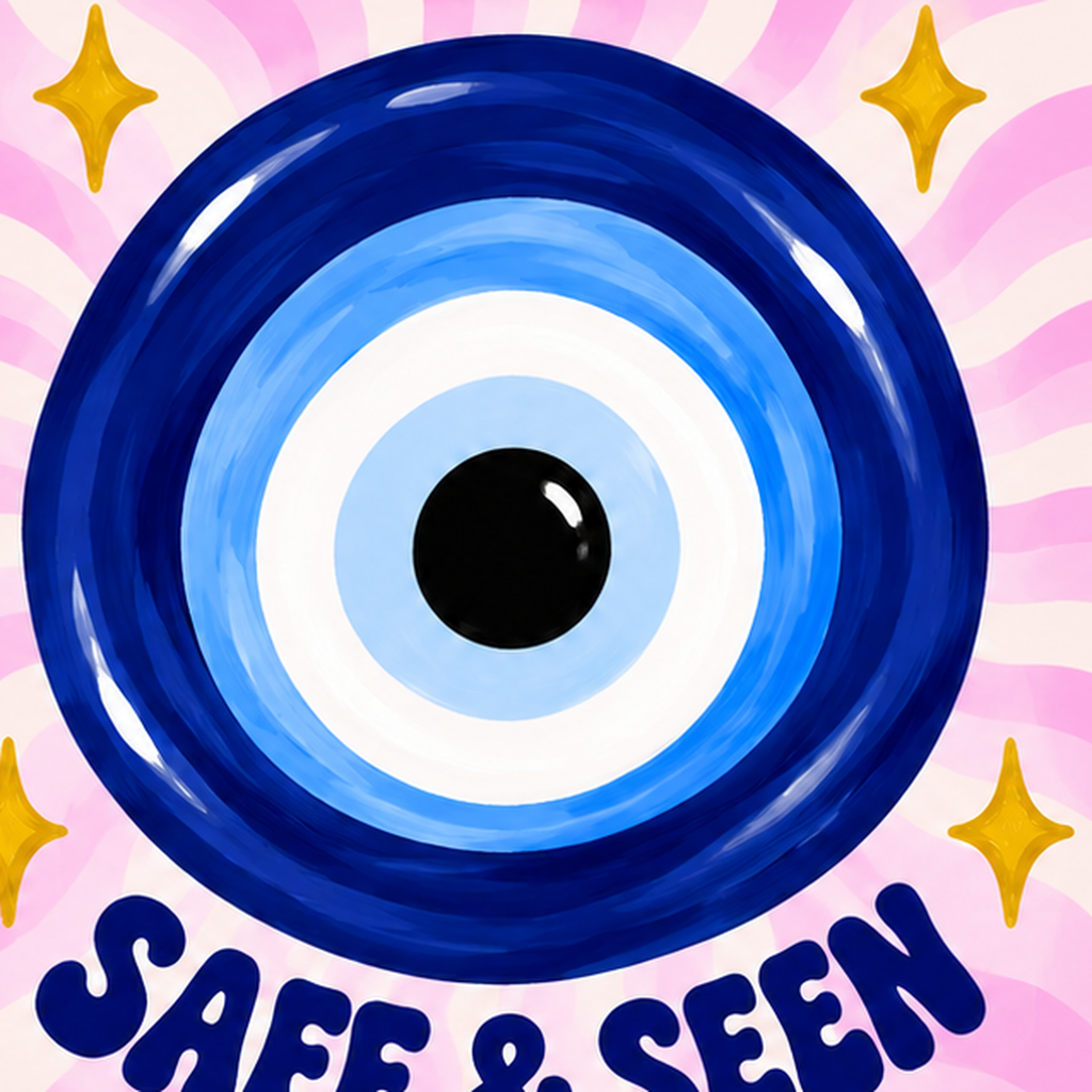 SAFE & SEEN Nazar Boncuğu Modern Renkli Poster — baskının yakın çekimi, kâğıt dokusu ve renk detayı